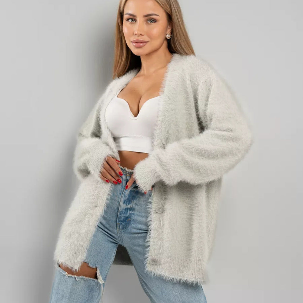 Damen Cardigan Mohair-Mix Knopfverschluss Beige - Eveloria