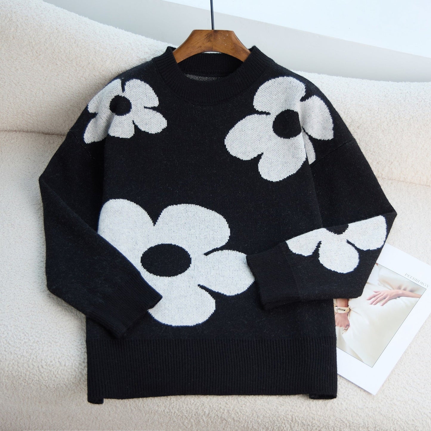 Damen Grobstrickpullover Blumenmuster Rundhals Eveloria