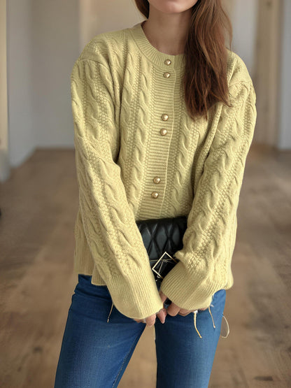 Damen Grobstrickjacke Kabelmuster Dekorative Knöpfe
