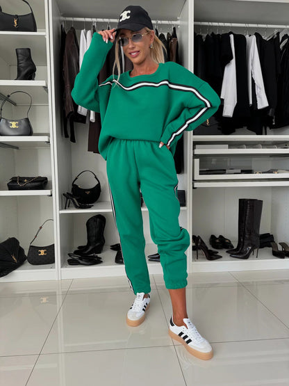 Damen Fleece-Lounge-Set mit Seitentaschen Kontraststreifen Grau