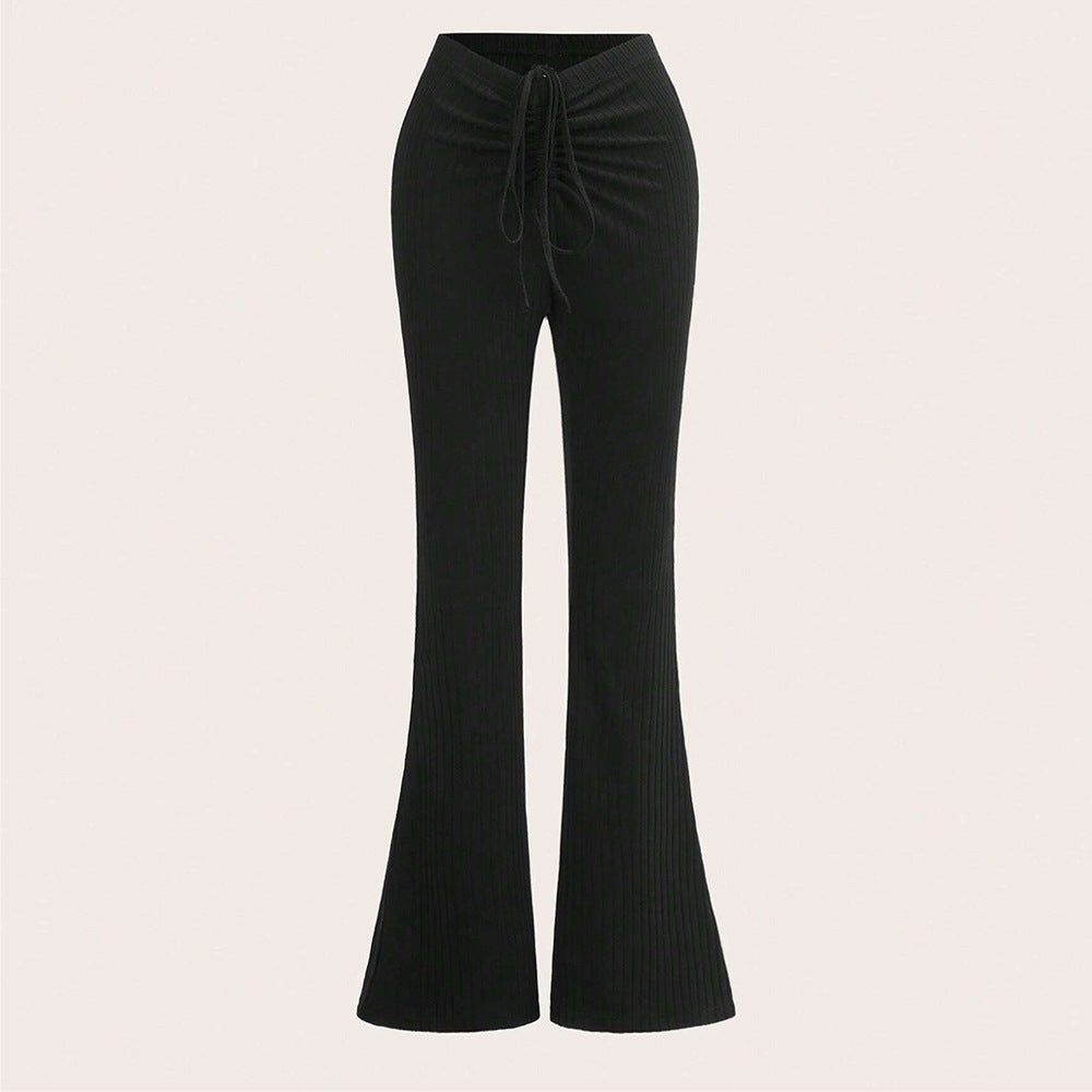 Damen Ripp-Hose Hochbund Mit Kordelzug Schwarz - Eveloria