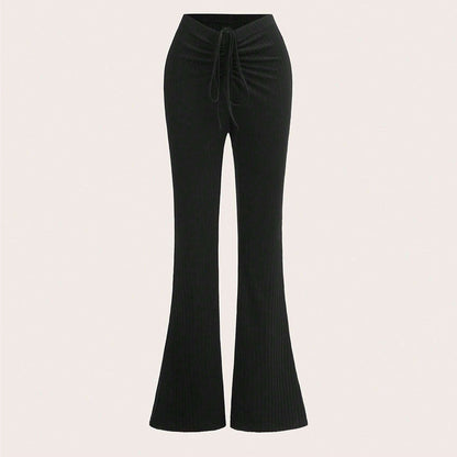 Damen Ripp-Hose Hochbund Mit Kordelzug Schwarz - Eveloria