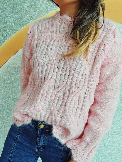 Damen Grobstrickpullover Zopfmuster Schneeflocken Applikationen