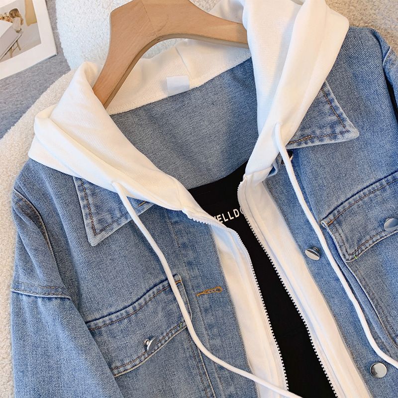 Damen Denimjacke Lässig Herausnehmbare Kapuze Blau Eveloria