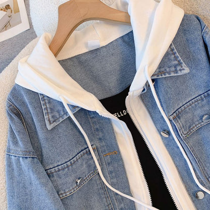 Damen Denimjacke Lässig Herausnehmbare Kapuze Blau Eveloria