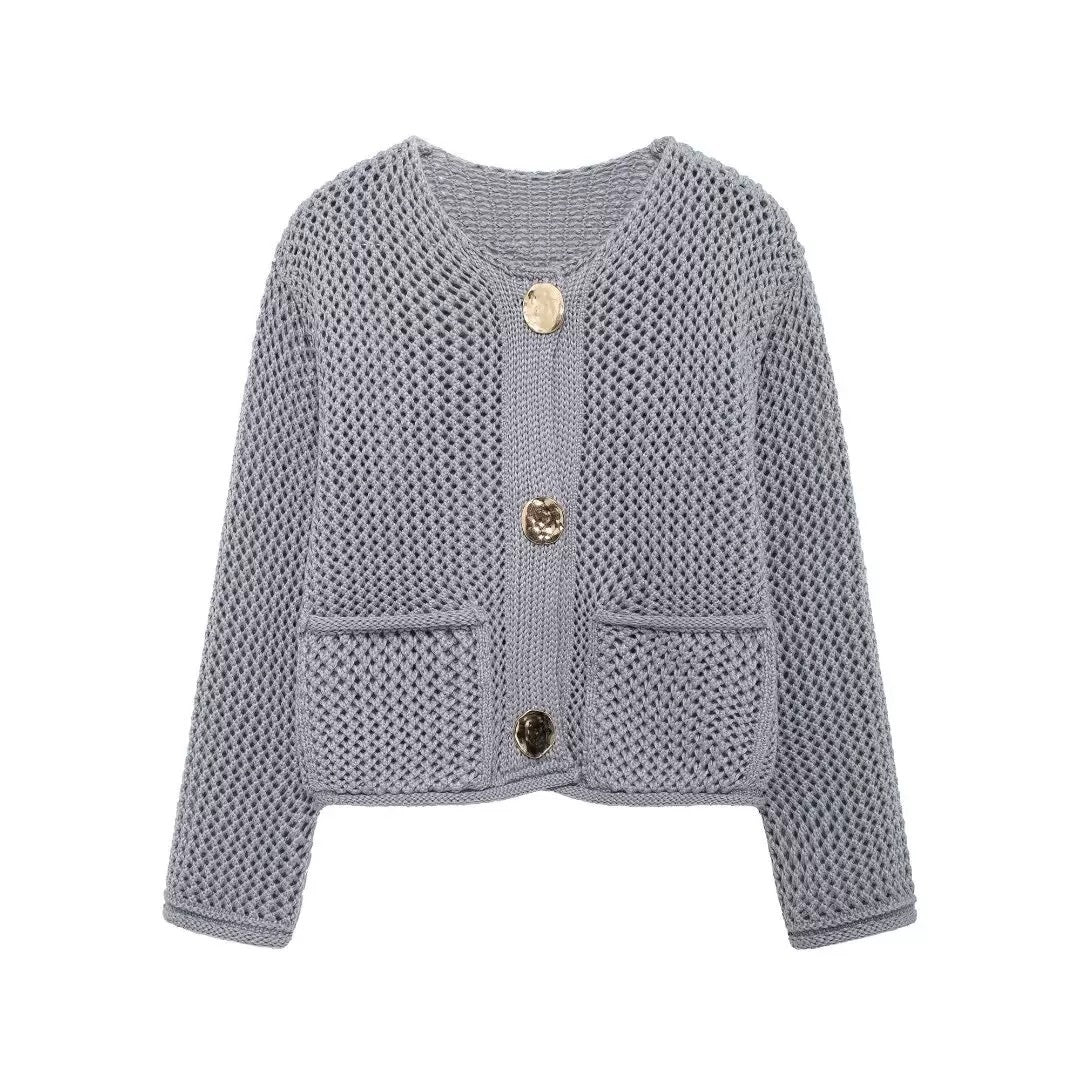 Damen Netzstrickjacke mit Taschen und Knöpfen Eveloria