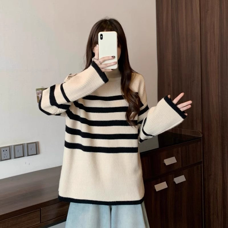 Damen Strickpullover Asymmetrischer Kragen Streifenmuster Eveloria