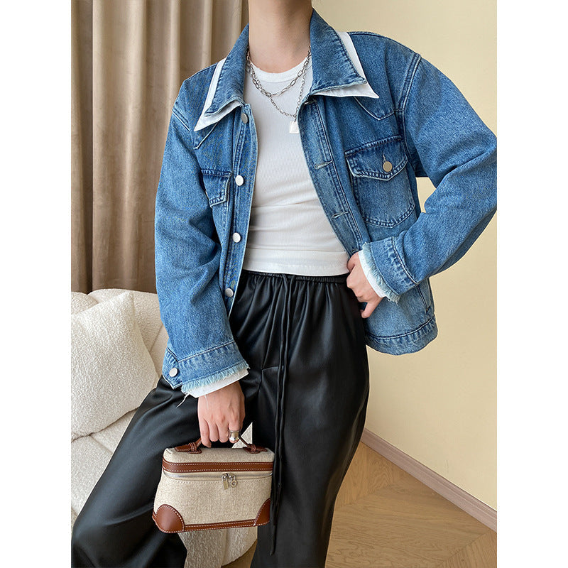 Damen Oversized Jeansjacke mit Kragen und Taschen Schwarz Eveloria - Eveloria