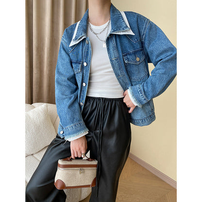 Damen Oversized Jeansjacke mit Kragen und Taschen Schwarz Eveloria - Eveloria