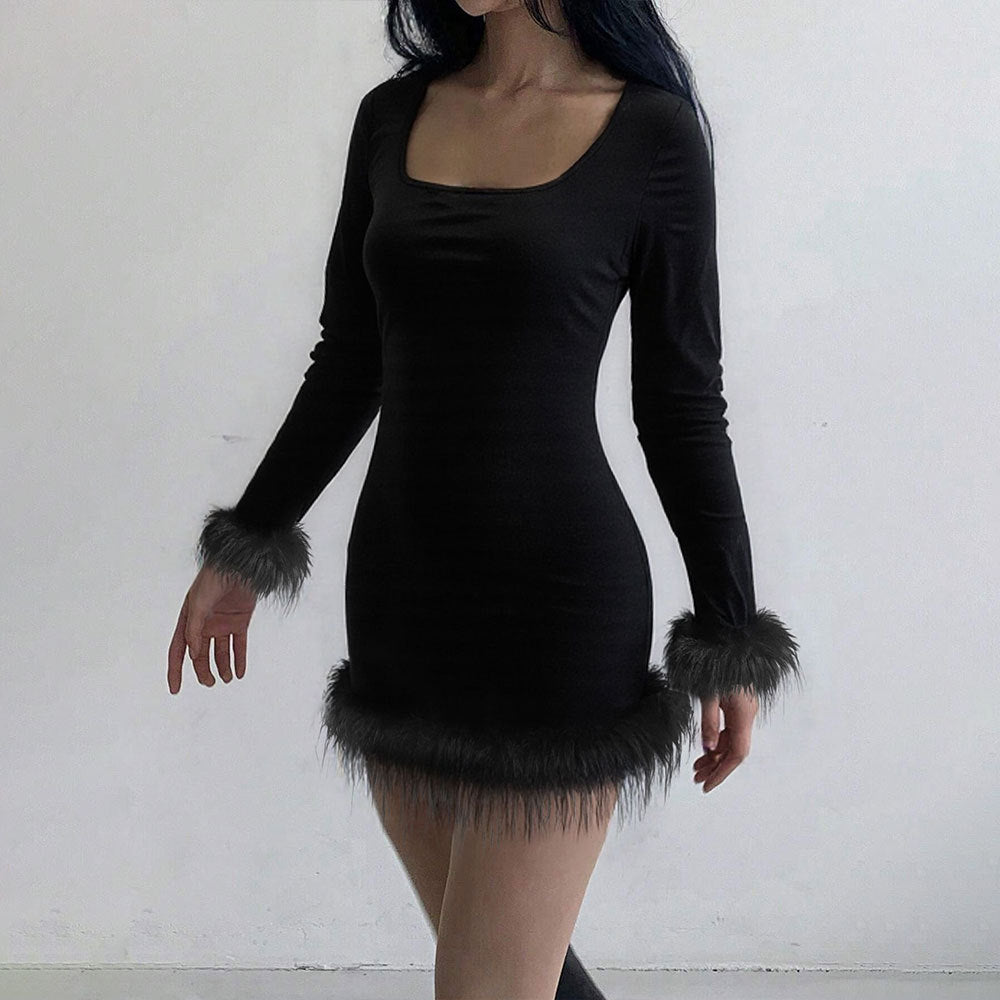 Damen Minikleid Elegante Lange Ärmel Federn Eveloria
