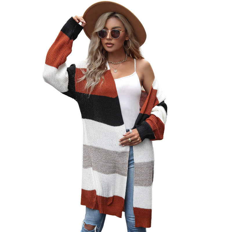 Damen Strickjacke Farbblock-Design Gemütlich Braun