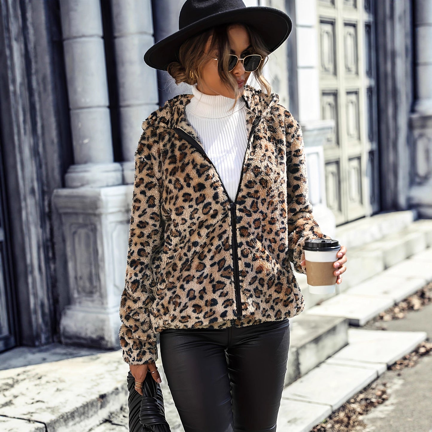 Damen Fleecejacke Leopardenmuster Reißverschluss Schwarz - Eveloria