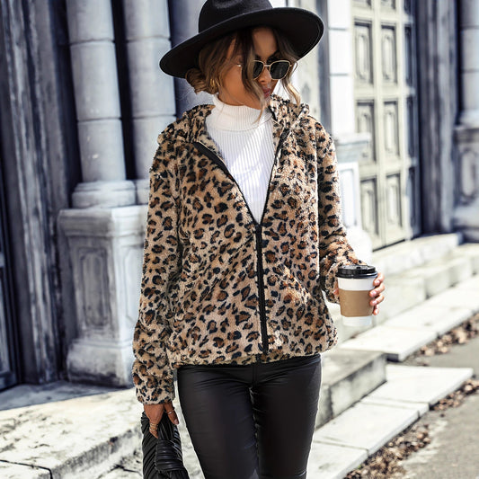 Damen Fleecejacke Leopardenmuster Reißverschluss Schwarz - Eveloria
