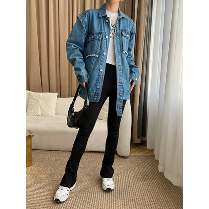 Damen Denimjacke Übergangsjacke mit Knöpfen und Taschen Blau