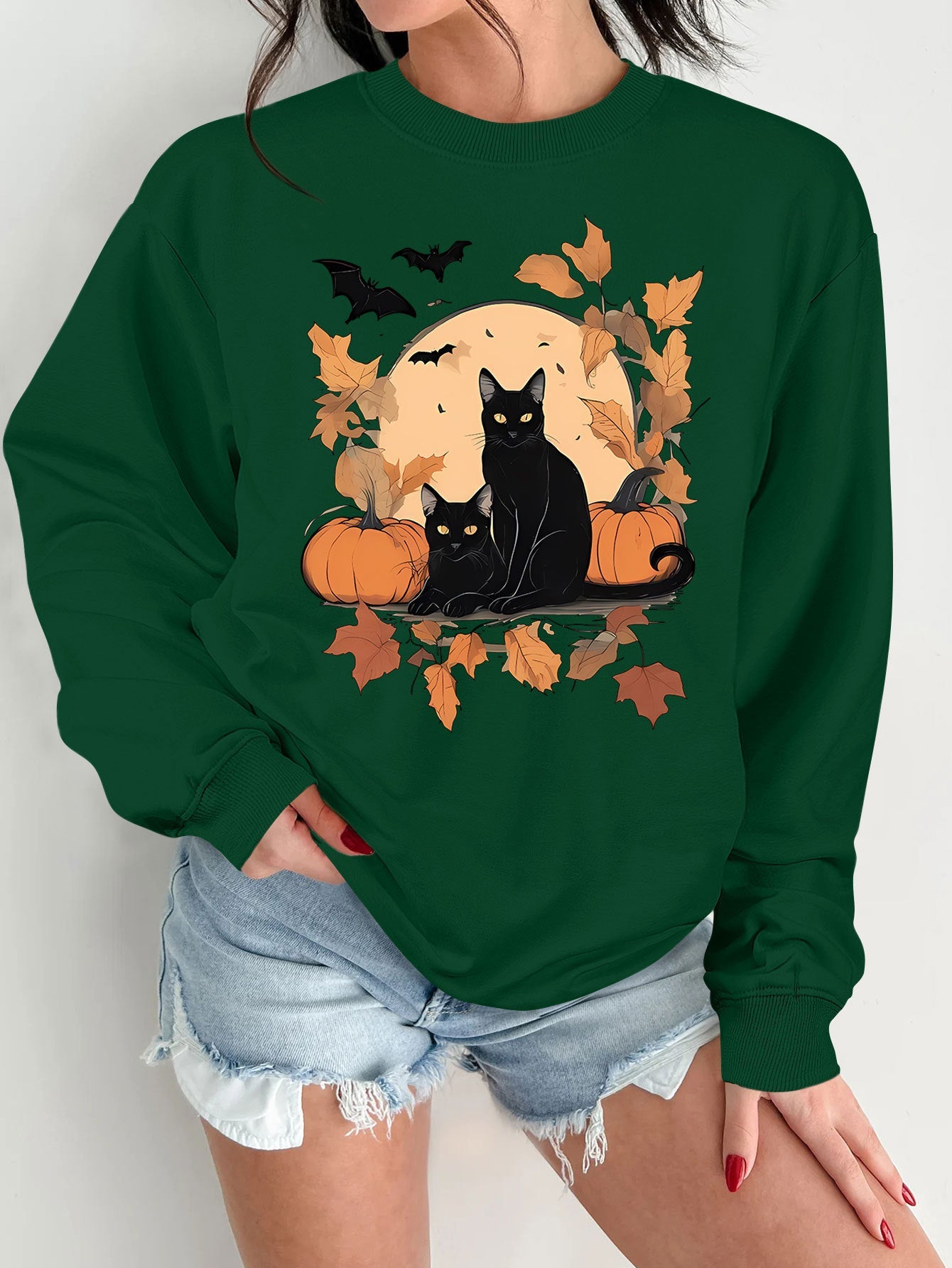 Damen Sweatshirt Herbstlich Katzen Kürbis Design Eveloria