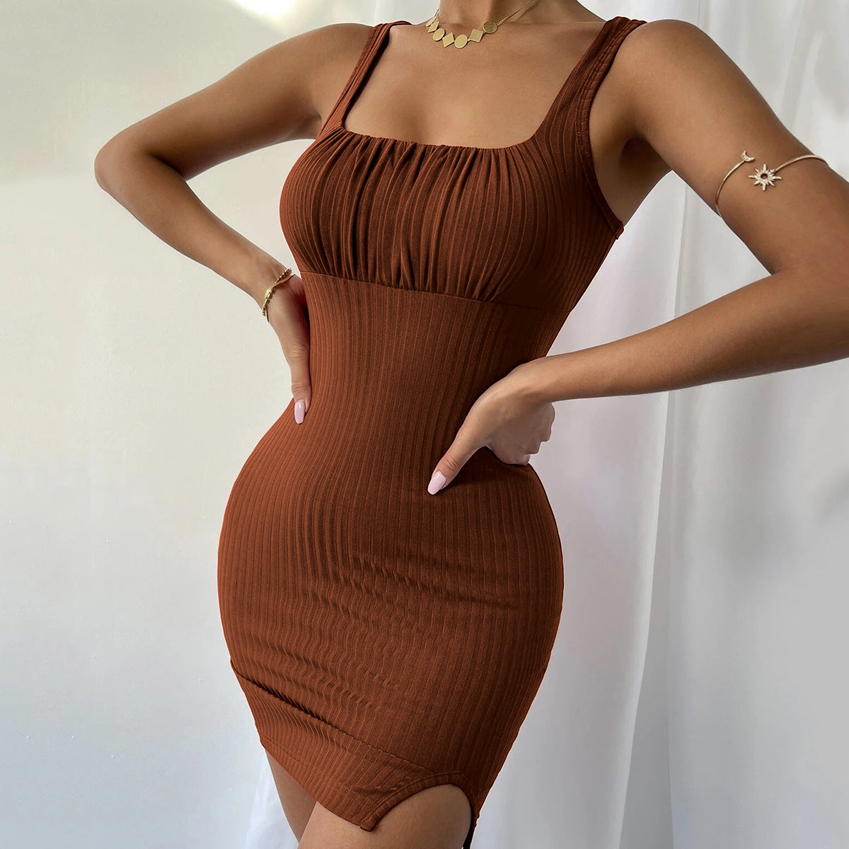 Eveloria Damen Rippkleid Quadrat-Ausschnitt Hoch-Schlitz Figurbetont