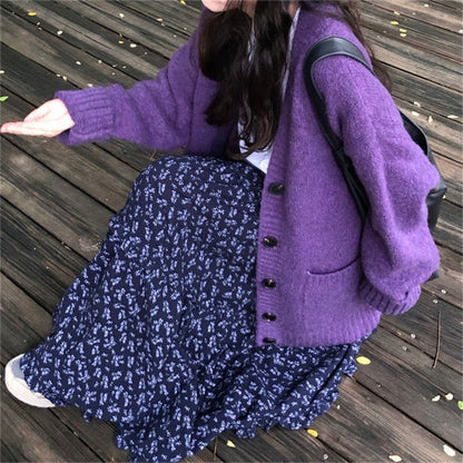 Damen Strickjacke V-Ausschnitt Dekorative Knöpfe Kuschelig Grau