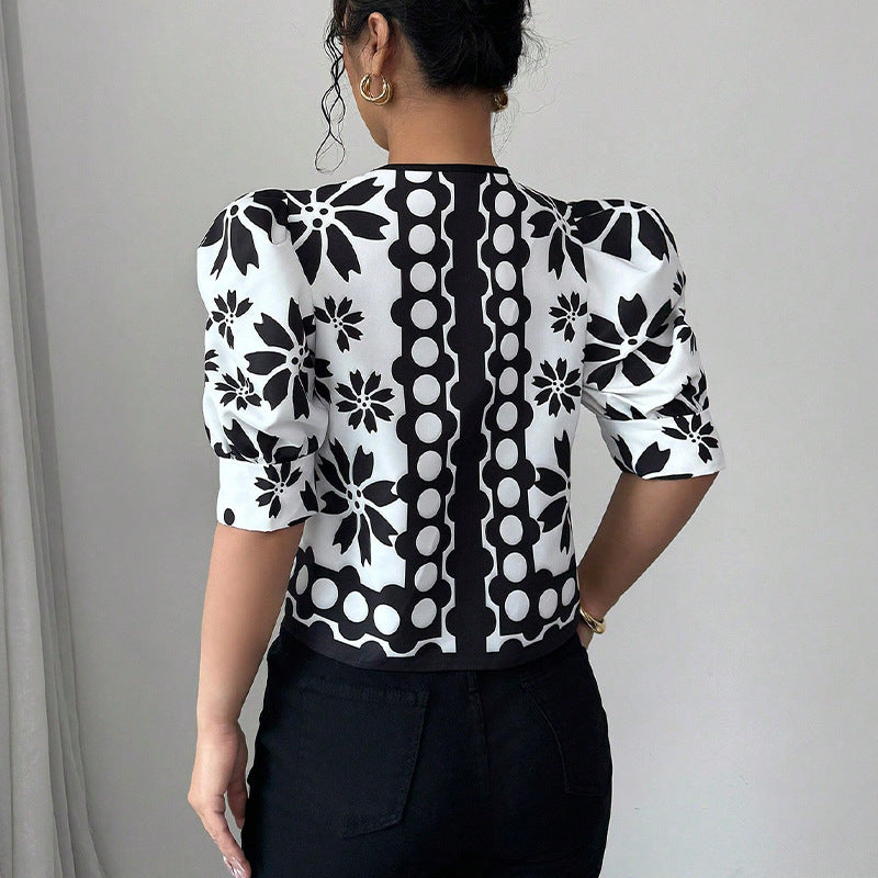 Damen Bluse Floralmuster Schleifenbindung