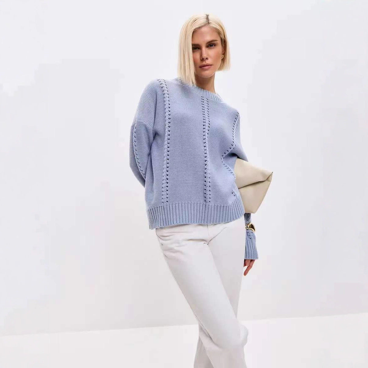 Damen Strickpullover Voluminöse Ärmel Dekoratives Lochmuster Eveloria