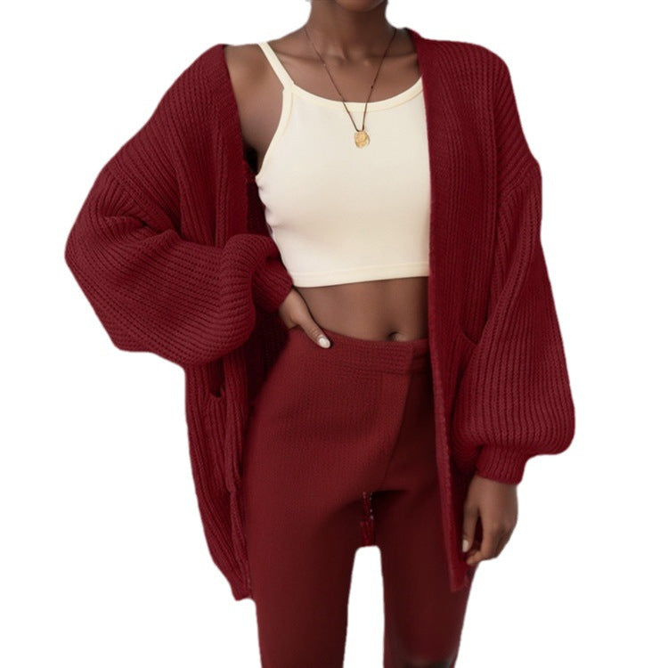Damen Cardigan Grobstrick Voluminöse Ärmel