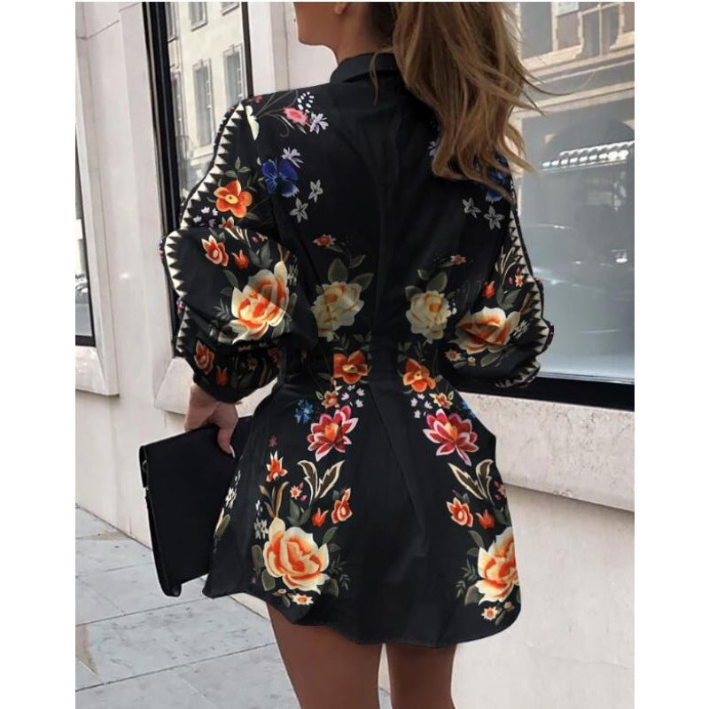 Damen Hemdblusenkleid Floralmuster Voluminöse Ärmel Eveloria