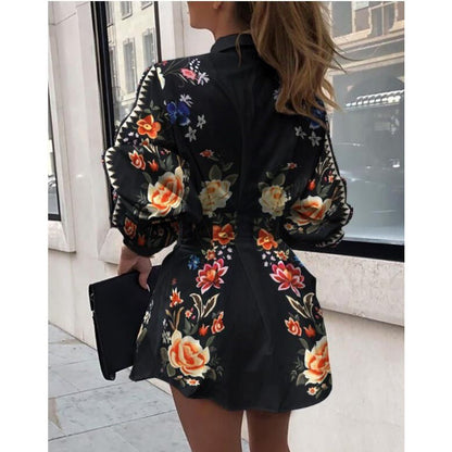 Damen Hemdblusenkleid Floralmuster Voluminöse Ärmel Eveloria