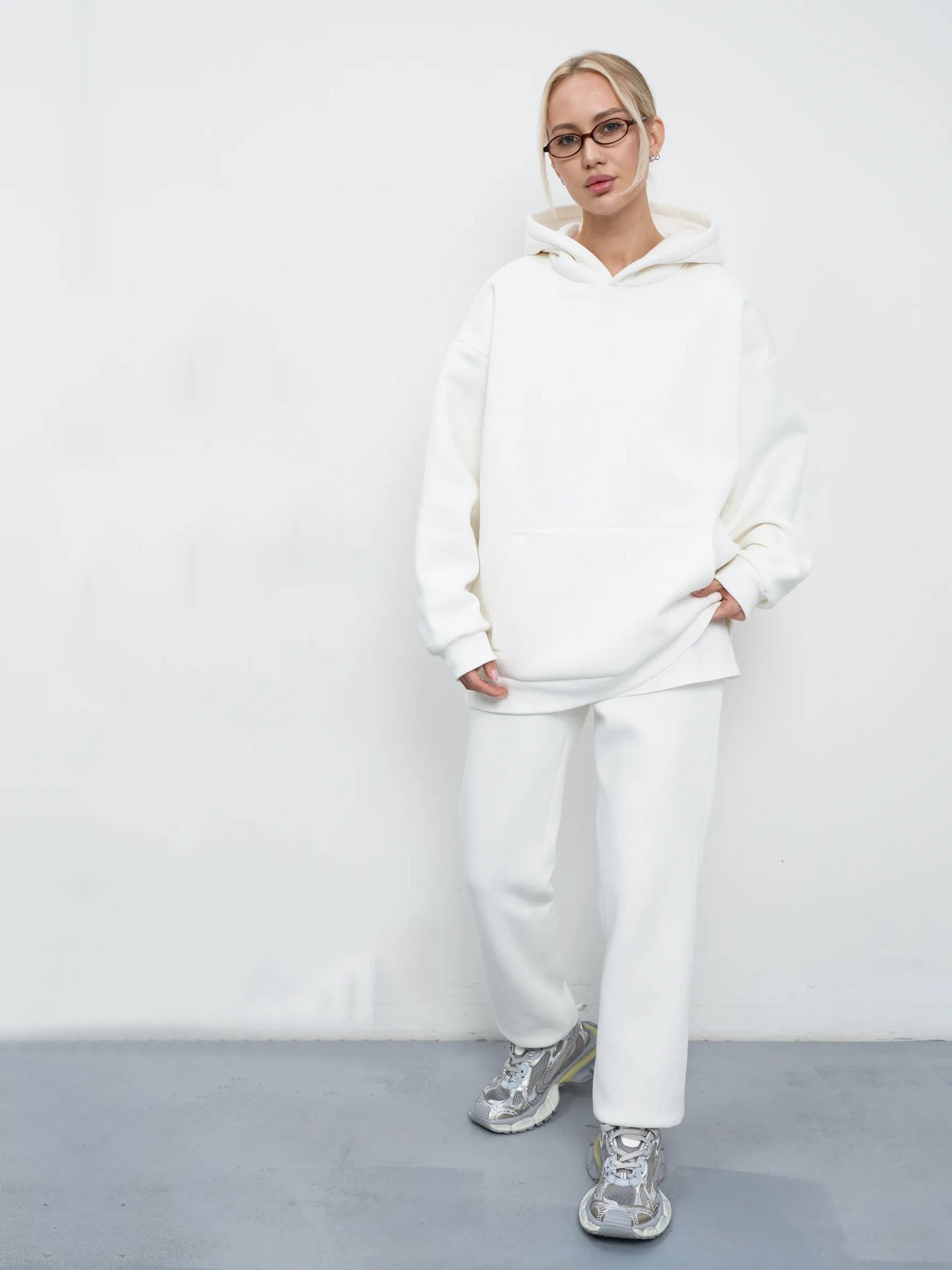Damen Sweat-Set mit Kapuze Weites Cut Grau Eveloria