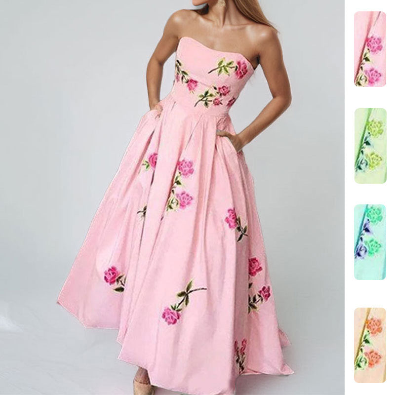 Damen Strapless Maxikleid Floralmuster Seitentaschen Eveloria - Eveloria