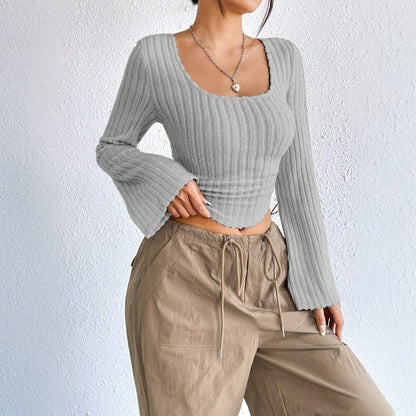 Damen Langarm Crop Rippdesign Abgerundeter Saum Eveloria