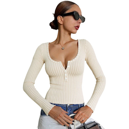 Damen Langarmshirt V-Ausschnitt Knopfdetails Eveloria