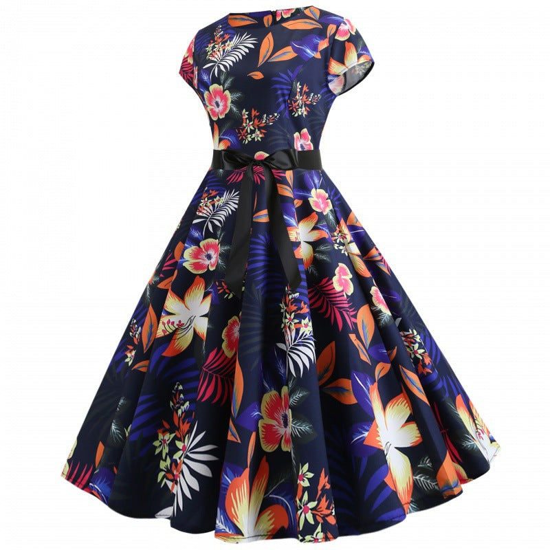 Damen Midi-Kleid Florales Design Schwingender Rock