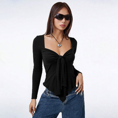 Damen Langarm Bodysuit Raffiniertes Knoten-Design V-Ausschnitt