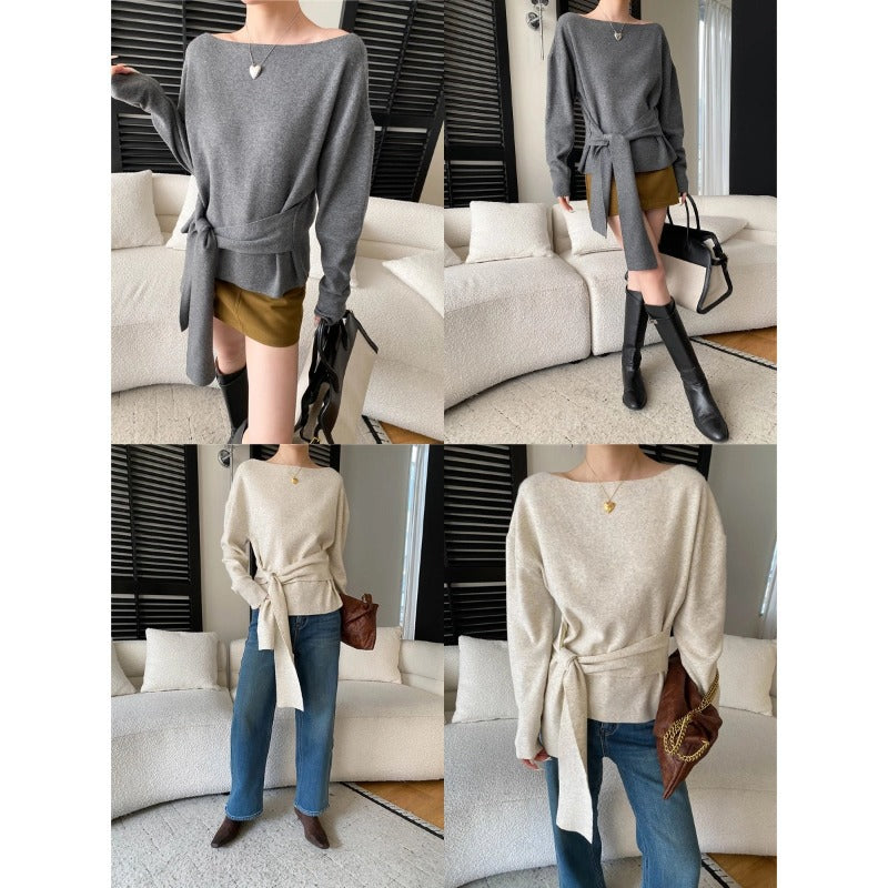 Damen Wollpullover mit Bindegürtel Eveloria