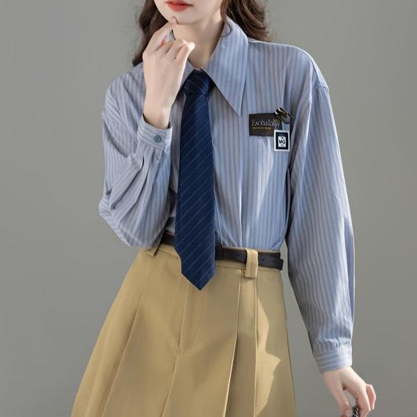 Damen Bluse Gestreift Klassisch Moderner Kragen Weiß