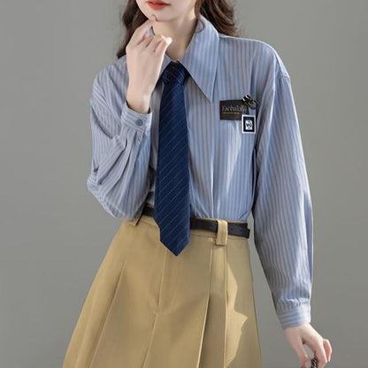 Damen Bluse Gestreift Klassisch Moderner Kragen Weiß