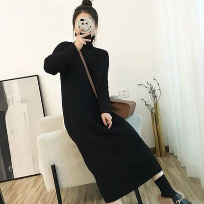 Damen Rippstrickkleid Langschnitt Hochkragen Eveloria