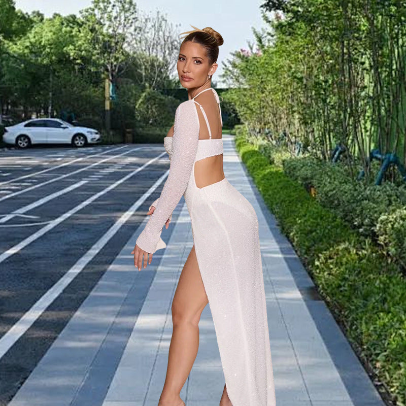 Damen Maxikleid Schimmerndes Kleid mit Seitenschlitz
