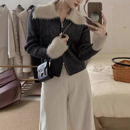 Damen Strickjacke mit Kragen und Reißverschluss