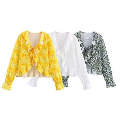 Damen Bluse Rüschendetails Floralmuster Eveloria - Eveloria