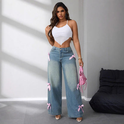 Damen High-Waist Jeans Weite Mit Schleifenapplikationen Eveloria