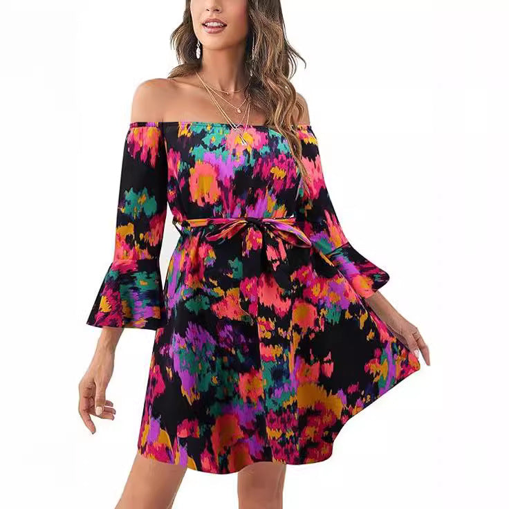 Damen Off-Shoulder Kleid Bunt Muster Eveloria - Eveloria