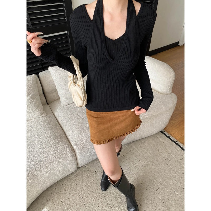 Damen Strickpullover V-Ausschnitt mit Cut-Outs Elegant