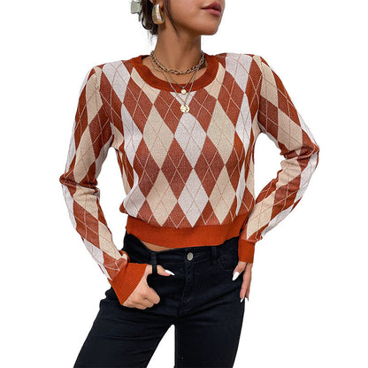 Damen Strickpullover Rautenmuster Lässiger Schnitt Eveloria