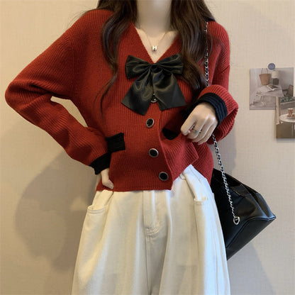 Damen Strickjacke mit Satinband und Knöpfen