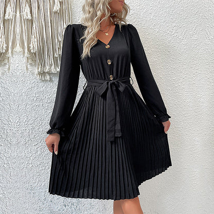 Damen Wickelkleid Plissee mit Knöpfen und Taillengürtel Eveloria