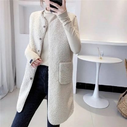 Damen Weste Kuschelig Druckknöpfe Seitentaschen Beige