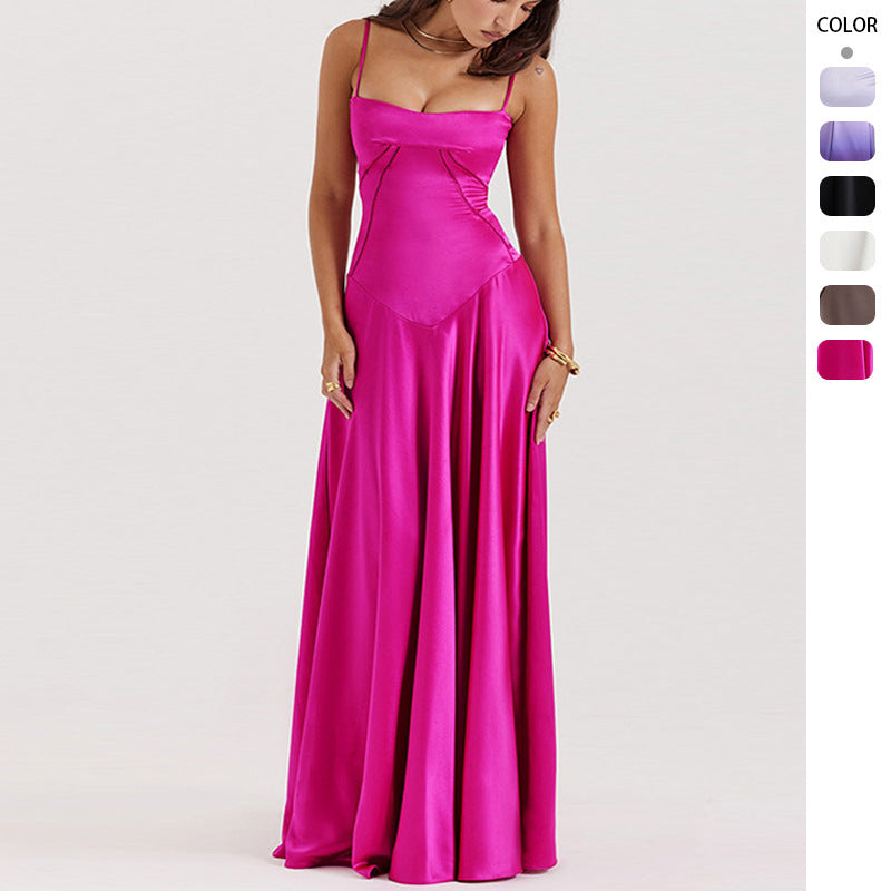 Damen Satin Maxikleid mit Trägern Figurbetont Schwarz Eveloria - Eveloria