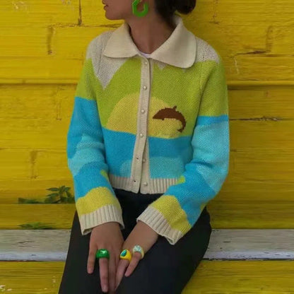 Damen Strickjacke Delfin-Design Knöpfer Kragen Blau