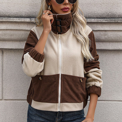 Damen Fleecejacke Abnehmbare Kapuze Kontrastdetails