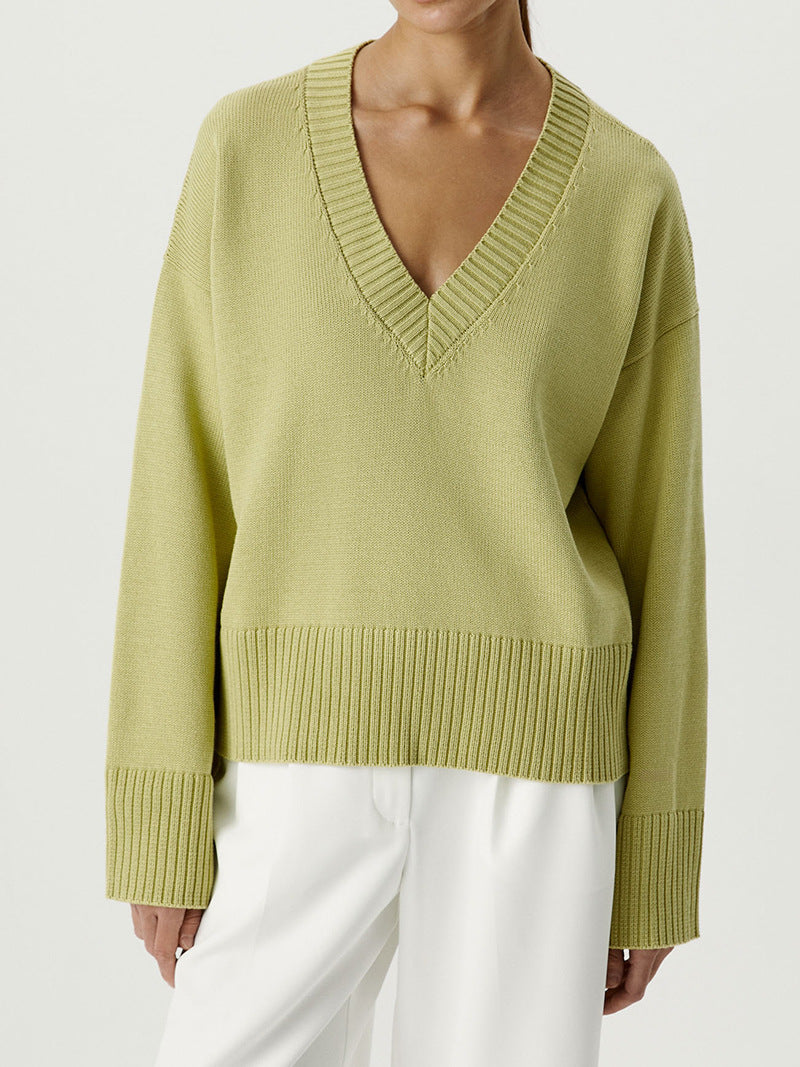 Damen Strickpullover V-Ausschnitt Breite Bündchen Eveloria